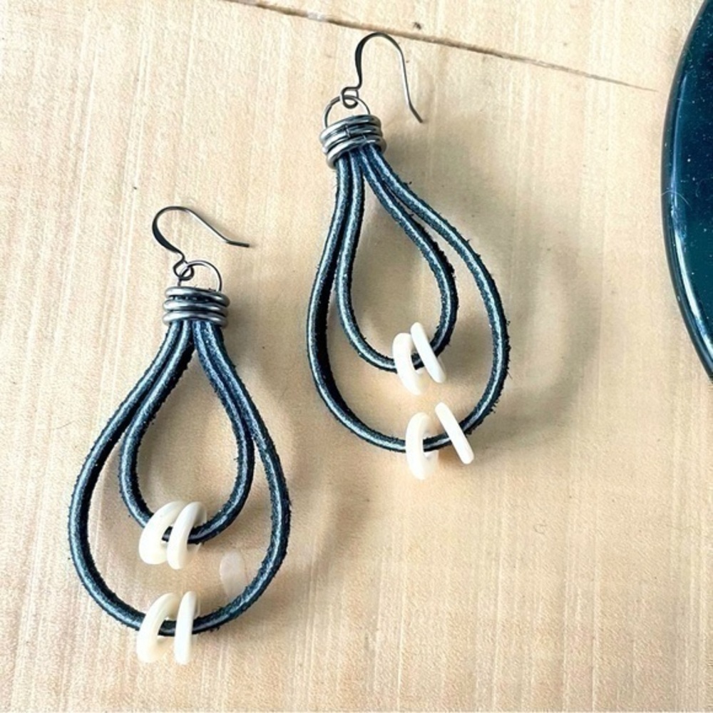 2/$29 Handmade Black Leather Teardrop Hoop Statement Earrings Cream Acrylic